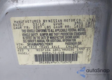 2012 Nissan Sentra 2.0 Sr z USA, uszkodzony, nr VIN 3N1AB6AP6CL712472